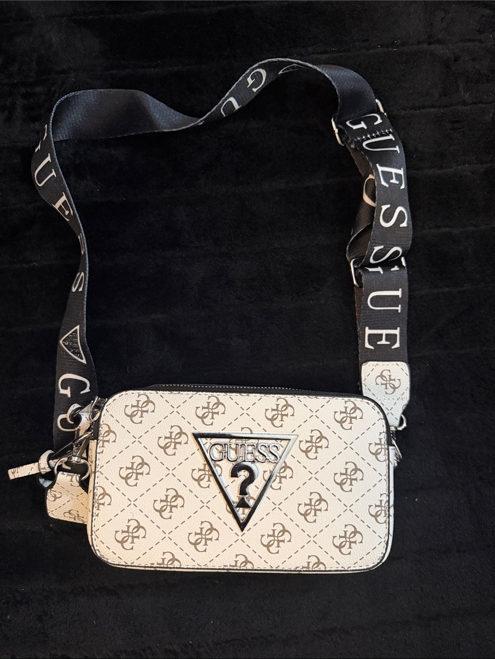GUESS White Logo Messenger Crossbody with Black Branded Strap